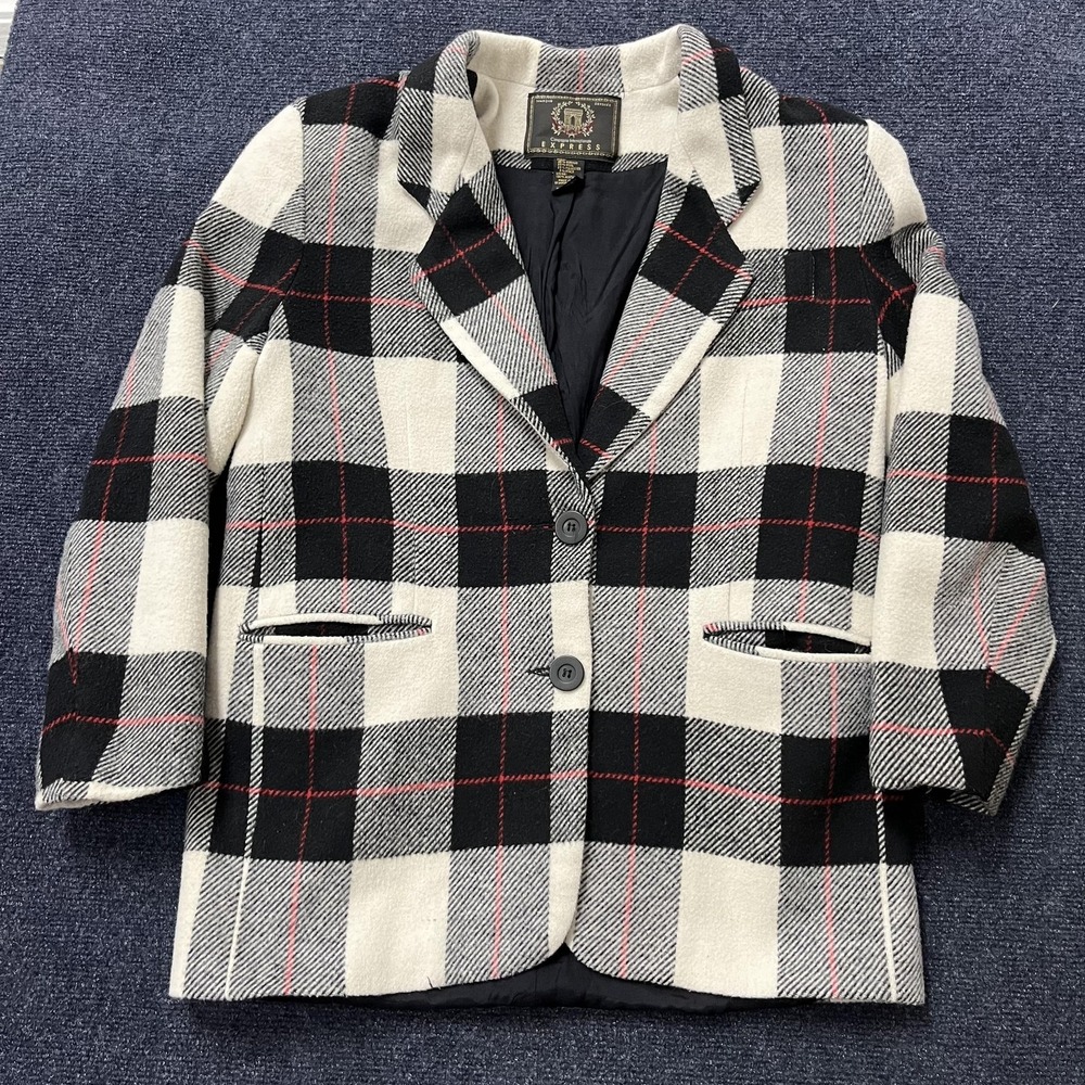 Vintage‎ Express Blazer Jacket Womens Small Black White Plaid Wool Made USA 90s